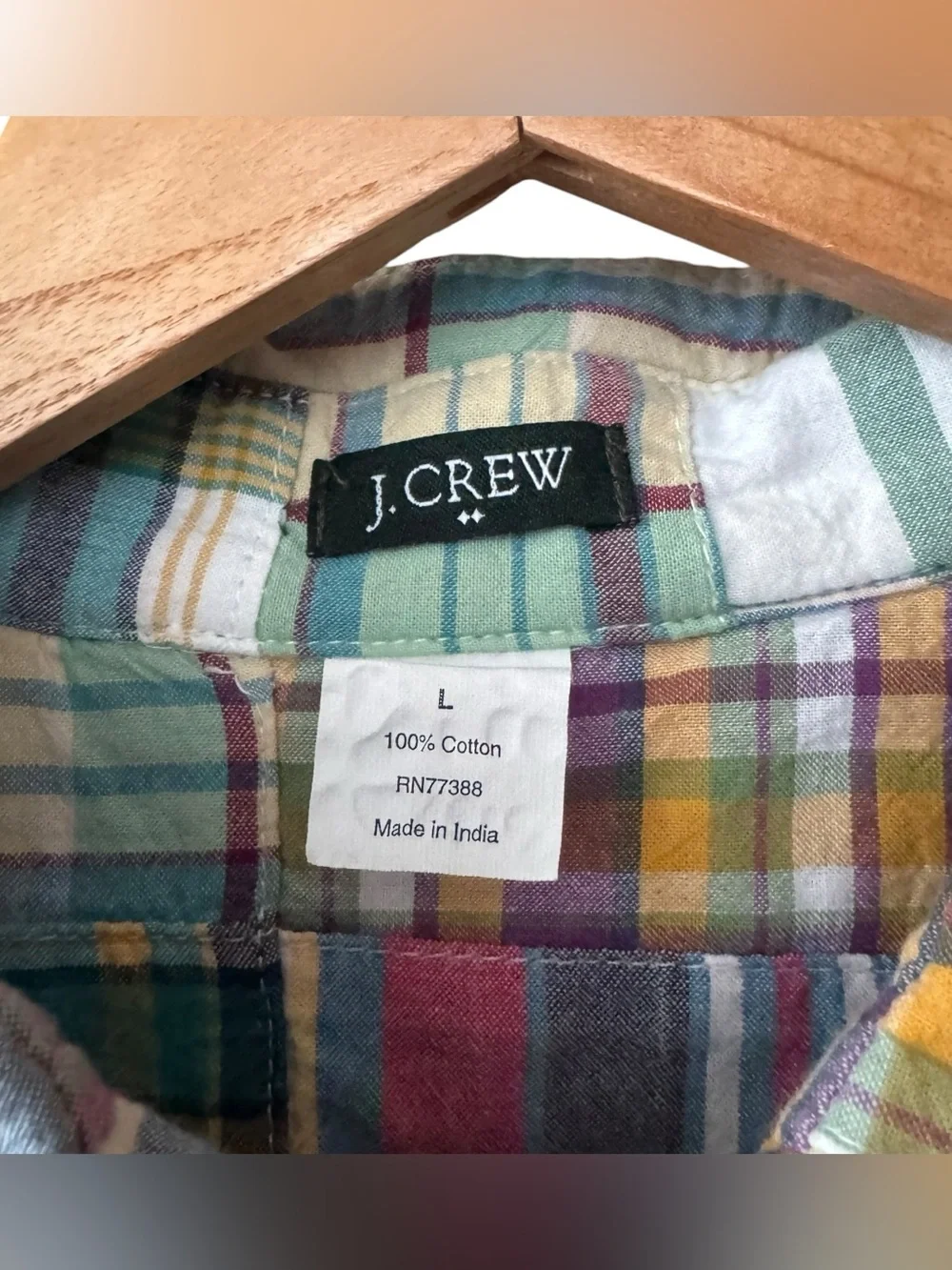 J Crew Patchwork Madras Plaid Button Front Shirt Short Sleeve Size Large
